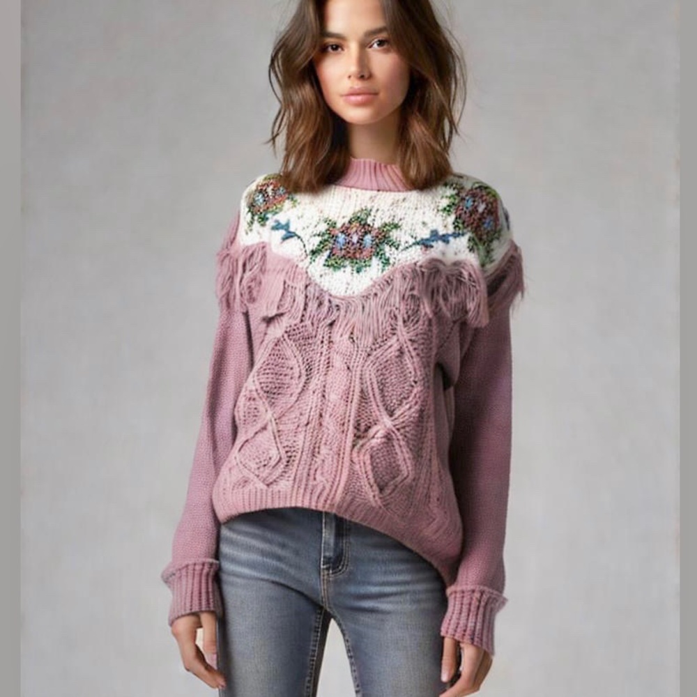 1990 Vintage Fringe Floral Knit Cotton Ramie Sweater Pink Size Small